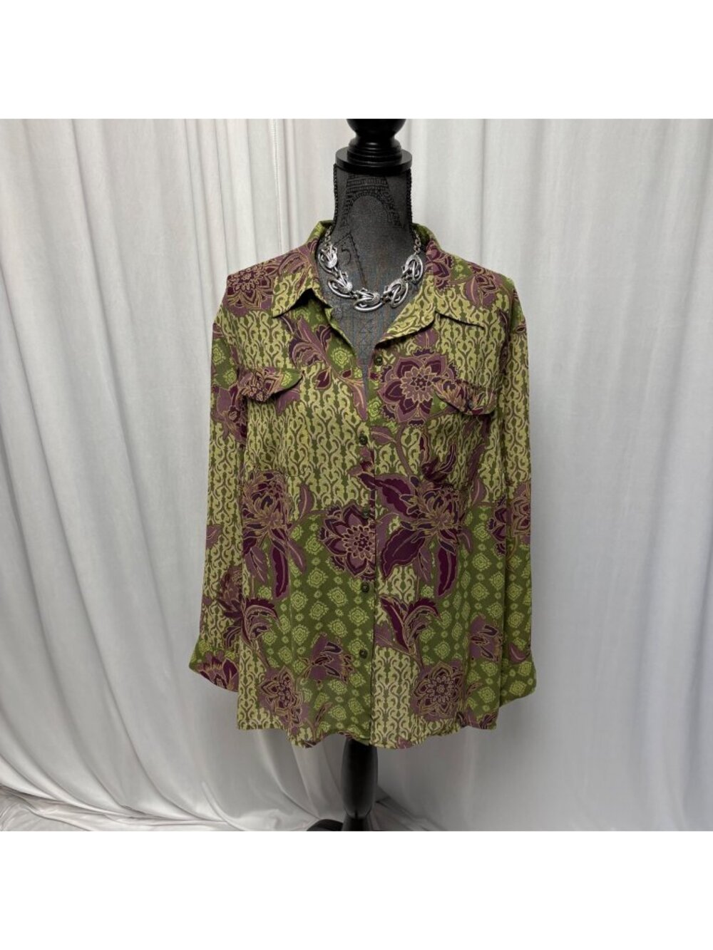 Evan Picone Woman Blouse Womens 2X Green Purple Floral Button Front Sheer Top